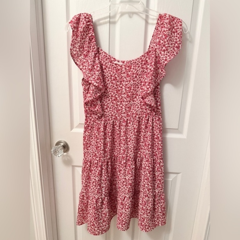 Monteau Red Floral Midi Dress Off Shoulder Dress. BOHO Sz L. AD